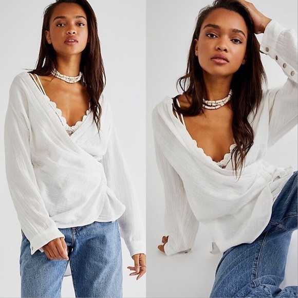 FREE PEOPLE WE THE FREE NIGHTDREAMS BLOUSE TOP GAUZE WRAP WHITE SIZE XS - Picture 1 of 10